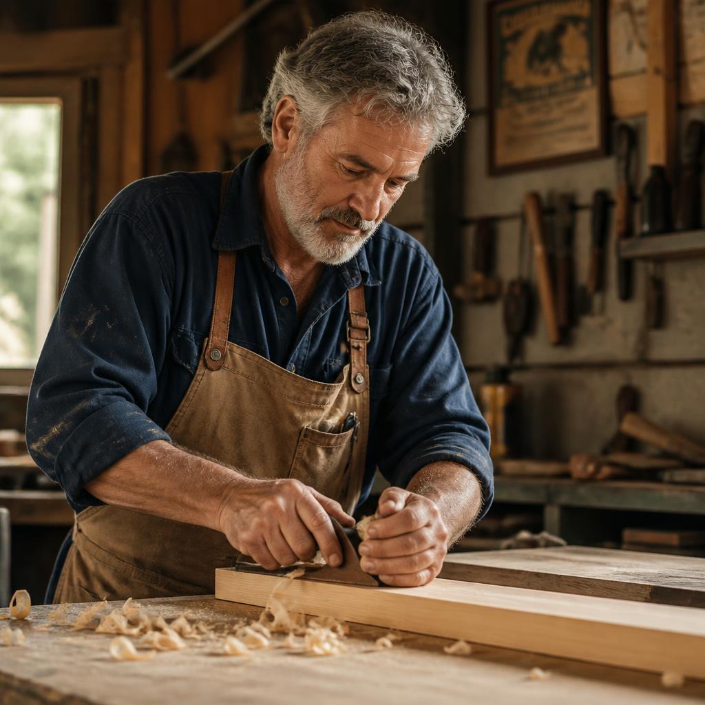 An experienced carpenter planing timber in his workshop